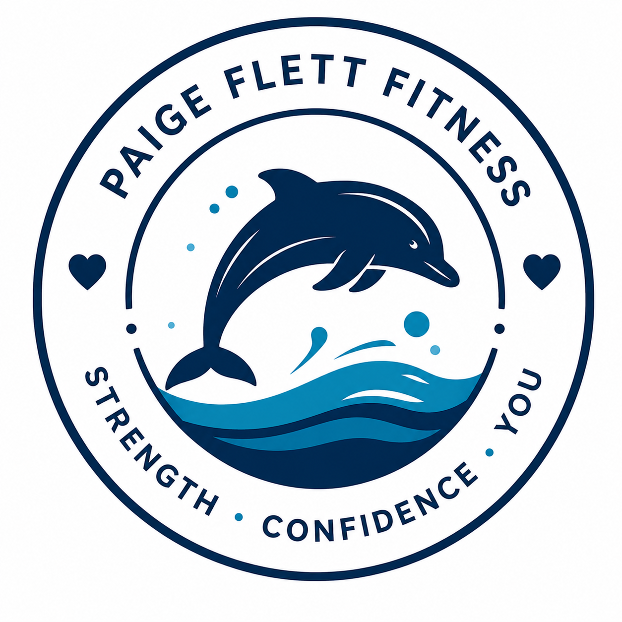 Paige Flett Fitness logo — dolphin over ocean waves